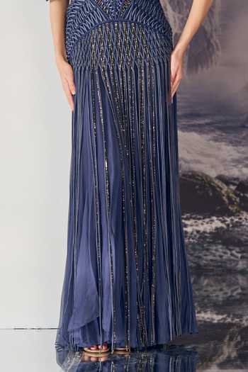Buy Geisha Designs Blue Viscose, Nylon Beads V-neck Valeriya Textured Embroidered Gown Online at Aza Fashions Buy_Geisha Designs_Blue Viscose, Nylon Beads V-neck Valeriya Textured Embroidered Gown _Online_at_Aza_Fashions