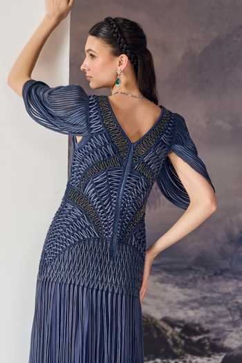 Shop Geisha Designs Blue Viscose, Nylon Beads V-neck Valeriya Textured Embroidered Gown Online at Aza Fashions Shop_Geisha Designs_Blue Viscose, Nylon Beads V-neck Valeriya Textured Embroidered Gown _Online_at_Aza_Fashions