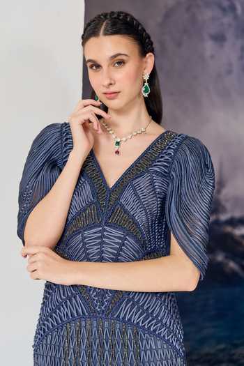 Geisha Designs Blue Viscose, Nylon Beads V-neck Valeriya Textured Embroidered Gown at Aza Fashions Geisha Designs_Blue Viscose, Nylon Beads V-neck Valeriya Textured Embroidered Gown _at_Aza_Fashions