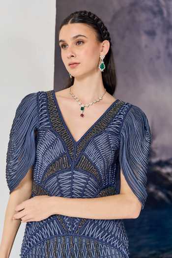 Buy Geisha Designs Blue Viscose, Nylon Beads V-neck Valeriya Textured Embroidered Gown Buy_Geisha Designs_Blue Viscose, Nylon Beads V-neck Valeriya Textured Embroidered Gown