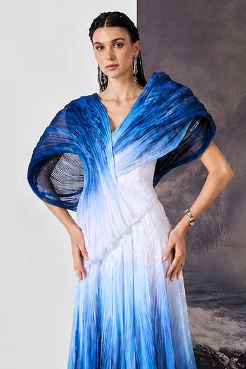 Geisha Designs Blue Viscose, Polyester, Nylon Shawl Neck Calypso Ombre Sculpted Gown Online at Aza Fashions Geisha Designs_Blue Viscose, Polyester, Nylon Shawl Neck Calypso Ombre Sculpted Gown _Online_at_Aza_Fashions