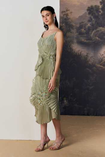 Geisha Designs Green Viscose, Nylon, Polyester Sylvan Gathered Accordion Pleated Midi Dress Online at Aza Fashions Geisha Designs_Green Viscose, Nylon, Polyester Sylvan Gathered Accordion Pleated Midi Dress _Online_at_Aza_Fashions