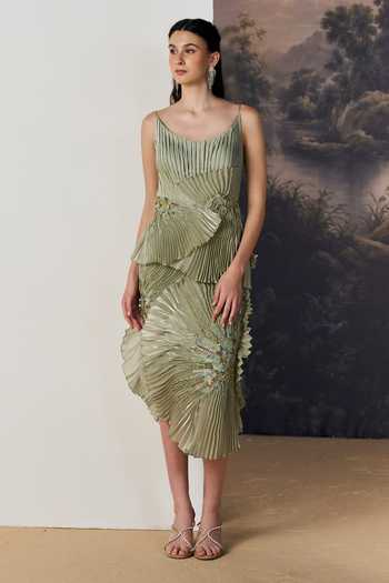 Geisha Designs Sylvan Gathered Accordion Pleated Midi Dress