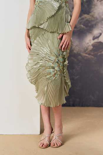 Buy Geisha Designs Green Viscose, Nylon, Polyester Sylvan Gathered Accordion Pleated Midi Dress Online at Aza Fashions Buy_Geisha Designs_Green Viscose, Nylon, Polyester Sylvan Gathered Accordion Pleated Midi Dress _Online_at_Aza_Fashions