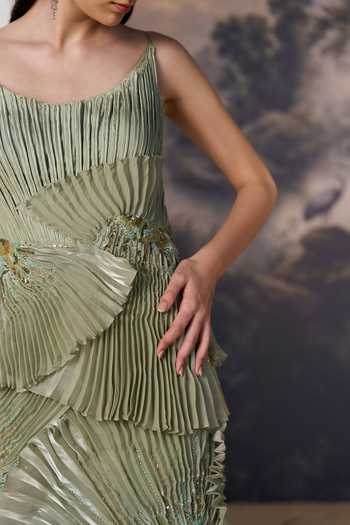 Shop Geisha Designs Green Viscose, Nylon, Polyester Sylvan Gathered Accordion Pleated Midi Dress Online at Aza Fashions Shop_Geisha Designs_Green Viscose, Nylon, Polyester Sylvan Gathered Accordion Pleated Midi Dress _Online_at_Aza_Fashions