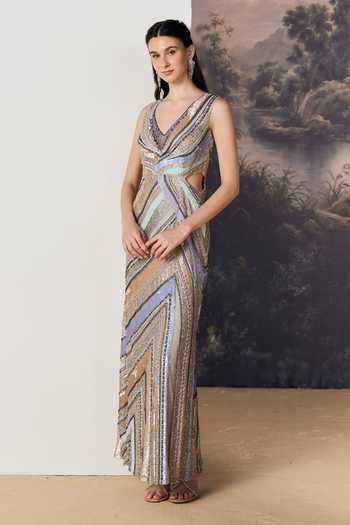 Geisha Designs Multi Color Viscose, Nylon Mireille Multi-directional Chevron Pattern Gown Online at Aza Fashions Geisha Designs_Multi Color Viscose, Nylon Mireille Multi-directional Chevron Pattern Gown _Online_at_Aza_Fashions