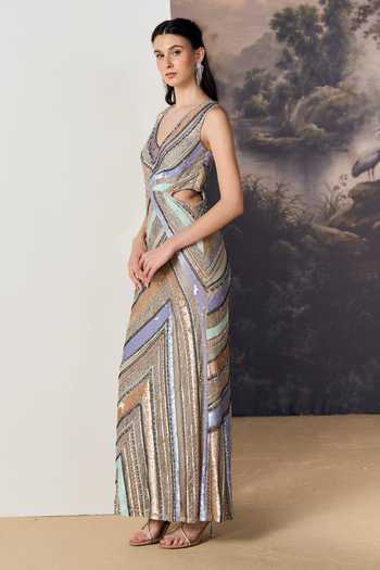 Buy Geisha Designs Multi Color Viscose, Nylon Mireille Multi-directional Chevron Pattern Gown Online at Aza Fashions Buy_Geisha Designs_Multi Color Viscose, Nylon Mireille Multi-directional Chevron Pattern Gown _Online_at_Aza_Fashions