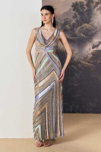 Geisha Designs Mireille Multi-Directional Chevron Pattern Gown