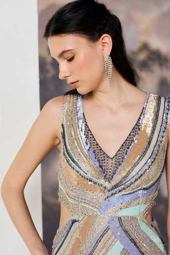 Geisha Designs Multi Color Viscose, Nylon Mireille Multi-directional Chevron Pattern Gown at Aza Fashions Geisha Designs_Multi Color Viscose, Nylon Mireille Multi-directional Chevron Pattern Gown _at_Aza_Fashions