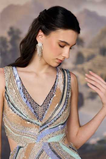 Buy Geisha Designs Multi Color Viscose, Nylon Mireille Multi-directional Chevron Pattern Gown Buy_Geisha Designs_Multi Color Viscose, Nylon Mireille Multi-directional Chevron Pattern Gown