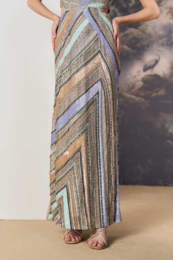 Shop Geisha Designs Multi Color Viscose, Nylon Mireille Multi-directional Chevron Pattern Gown Shop_Geisha Designs_Multi Color Viscose, Nylon Mireille Multi-directional Chevron Pattern Gown