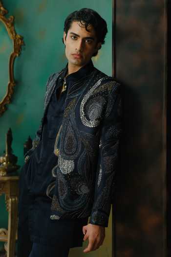Shop Jatin Malik Blue Silk Madan Embroidered Jacket And Kurta Set Online at Aza Fashions Shop_Jatin Malik_Blue Silk Madan Embroidered Jacket And Kurta Set _Online_at_Aza_Fashions