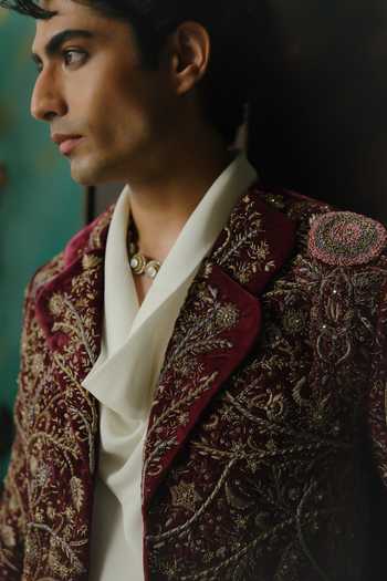 Shop Jatin Malik Purple Velvet Madhubhan Embroidered Jacket Kurta And Pant Set Online at Aza Fashions Shop_Jatin Malik_Purple Velvet Madhubhan Embroidered Jacket Kurta And Pant Set _Online_at_Aza_Fashions