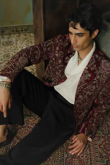 Jatin Malik Purple Velvet Madhubhan Embroidered Jacket Kurta And Pant Set at Aza Fashions Jatin Malik_Purple Velvet Madhubhan Embroidered Jacket Kurta And Pant Set _at_Aza_Fashions