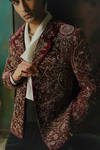 Shop Jatin Malik Purple Velvet Madhubhan Embroidered Jacket Kurta And Pant Set Shop_Jatin Malik_Purple Velvet Madhubhan Embroidered Jacket Kurta And Pant Set
