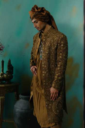 Shop Jatin Malik Gold Silk Yamuna Embroidered Sherwani Set Online at Aza Fashions Shop_Jatin Malik_Gold Silk Yamuna Embroidered Sherwani Set _Online_at_Aza_Fashions