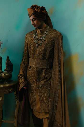 Jatin Malik Gold Silk Yamuna Embroidered Sherwani Set at Aza Fashions Jatin Malik_Gold Silk Yamuna Embroidered Sherwani Set _at_Aza_Fashions
