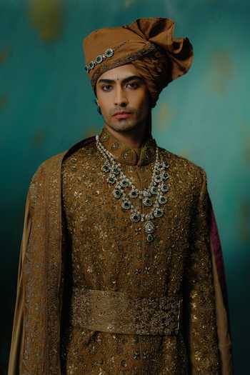 Shop Jatin Malik Gold Silk Yamuna Embroidered Sherwani Set Shop_Jatin Malik_Gold Silk Yamuna Embroidered Sherwani Set