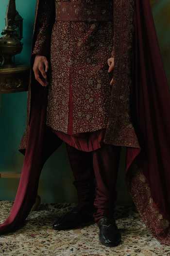 Jatin Malik Wine Silk Lohit Embroidered Sherwani Set Online at Aza Fashions Jatin Malik_Wine Silk Lohit Embroidered Sherwani Set _Online_at_Aza_Fashions