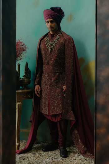 Buy Jatin Malik Wine Silk Lohit Embroidered Sherwani Set Online at Aza Fashions Buy_Jatin Malik_Wine Silk Lohit Embroidered Sherwani Set _Online_at_Aza_Fashions