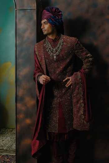 Shop Jatin Malik Wine Silk Lohit Embroidered Sherwani Set Online at Aza Fashions Shop_Jatin Malik_Wine Silk Lohit Embroidered Sherwani Set _Online_at_Aza_Fashions