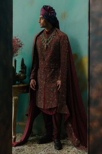 Jatin Malik Wine Silk Lohit Embroidered Sherwani Set at Aza Fashions Jatin Malik_Wine Silk Lohit Embroidered Sherwani Set _at_Aza_Fashions
