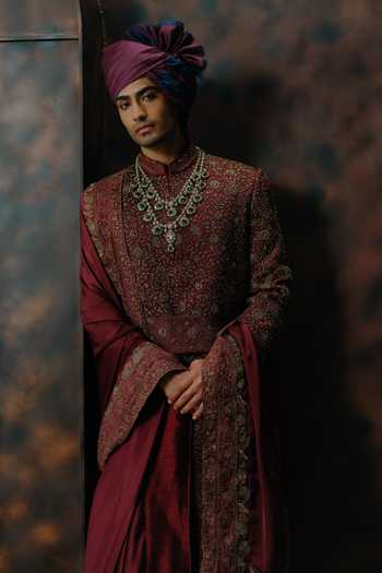Shop Jatin Malik Wine Silk Lohit Embroidered Sherwani Set Shop_Jatin Malik_Wine Silk Lohit Embroidered Sherwani Set