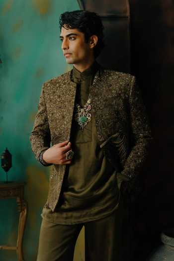 Jatin Malik Olive Green Silk Vanmala Hand Embroidered Short Jacket Set Online at Aza Fashions Jatin Malik_Olive Green Silk Vanmala Hand Embroidered Short Jacket Set _Online_at_Aza_Fashions