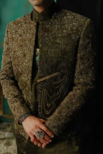 Buy Jatin Malik Olive Green Silk Vanmala Hand Embroidered Short Jacket Set Online at Aza Fashions Buy_Jatin Malik_Olive Green Silk Vanmala Hand Embroidered Short Jacket Set _Online_at_Aza_Fashions