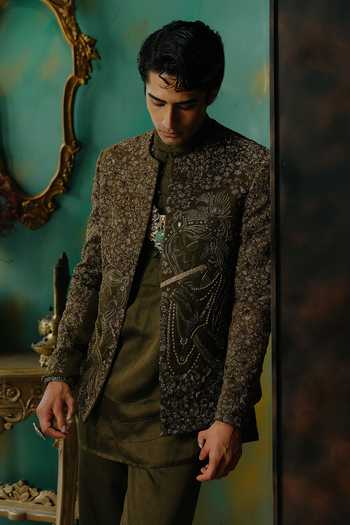 Shop Jatin Malik Olive Green Silk Vanmala Hand Embroidered Short Jacket Set Online at Aza Fashions Shop_Jatin Malik_Olive Green Silk Vanmala Hand Embroidered Short Jacket Set _Online_at_Aza_Fashions