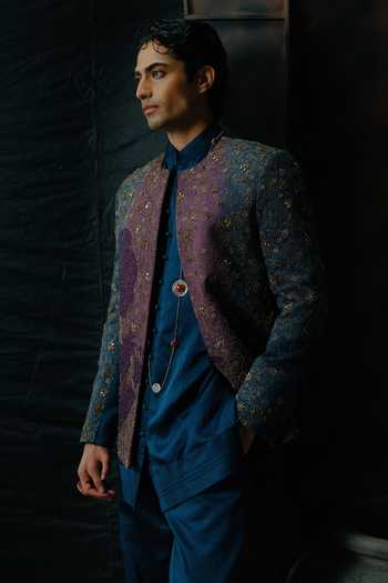 Shop Jatin Malik Purple Silk Kanha Embroidered Jacket And Kurta Set Online at Aza Fashions Shop_Jatin Malik_Purple Silk Kanha Embroidered Jacket And Kurta Set _Online_at_Aza_Fashions