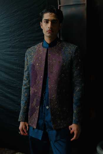 Jatin Malik Purple Silk Kanha Embroidered Jacket And Kurta Set at Aza Fashions Jatin Malik_Purple Silk Kanha Embroidered Jacket And Kurta Set _at_Aza_Fashions