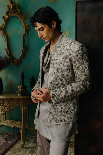 Jatin Malik Silver Satin Vanya Kurta Set Online at Aza Fashions Jatin Malik_Silver Satin Vanya Kurta Set _Online_at_Aza_Fashions