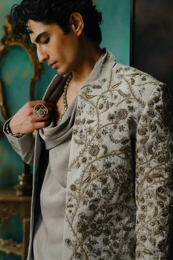 Jatin Malik Silver Satin Vanya Kurta Set at Aza Fashions Jatin Malik_Silver Satin Vanya Kurta Set _at_Aza_Fashions