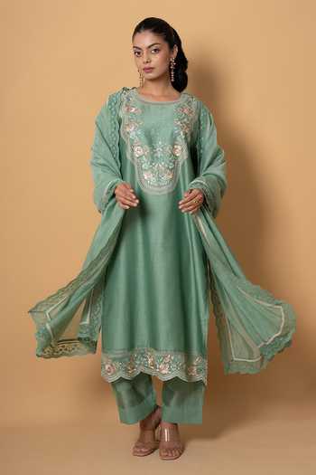 Shop Kameez Green Chanderi, Cotton Round Neck, Yes Mint Blossom Embroidered Kurta Set Online at Aza Fashions Shop_Kameez_Green Chanderi, Cotton Round Neck, Yes Mint Blossom Embroidered Kurta Set _Online_at_Aza_Fashions