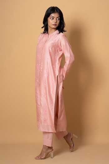 Kameez Peach Chanderi, Cotton Mandarin Collar, Yes Embroidered Kurta And Pant Set Online at Aza Fashions Kameez_Peach Chanderi, Cotton Mandarin Collar, Yes Embroidered Kurta And Pant Set _Online_at_Aza_Fashions