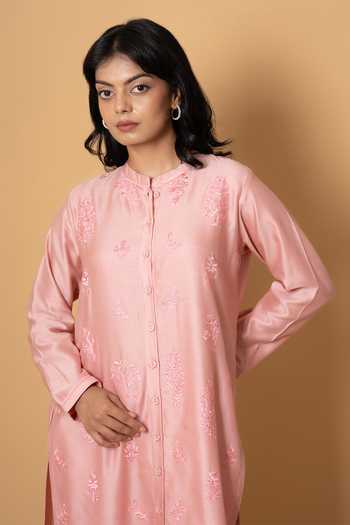 Buy Kameez Peach Chanderi, Cotton Mandarin Collar, Yes Embroidered Kurta And Pant Set Online at Aza Fashions Buy_Kameez_Peach Chanderi, Cotton Mandarin Collar, Yes Embroidered Kurta And Pant Set _Online_at_Aza_Fashions