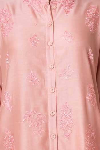Shop Kameez Peach Chanderi, Cotton Mandarin Collar, Yes Embroidered Kurta And Pant Set Online at Aza Fashions Shop_Kameez_Peach Chanderi, Cotton Mandarin Collar, Yes Embroidered Kurta And Pant Set _Online_at_Aza_Fashions