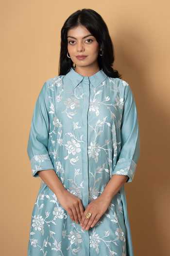 Kameez Blue Chanderi, Cotton Collared Neck Embroidered Kurta And Pant Set Online at Aza Fashions Kameez_Blue Chanderi, Cotton Collared Neck Embroidered Kurta And Pant Set _Online_at_Aza_Fashions