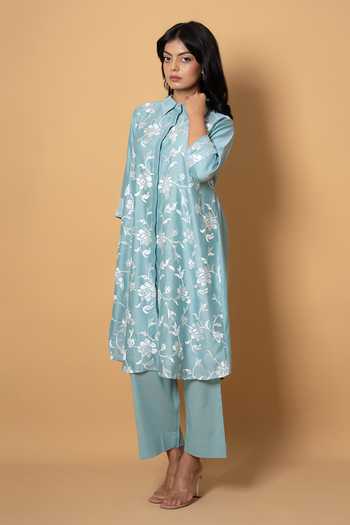 Buy Kameez Blue Chanderi, Cotton Collared Neck Embroidered Kurta And Pant Set Online at Aza Fashions Buy_Kameez_Blue Chanderi, Cotton Collared Neck Embroidered Kurta And Pant Set _Online_at_Aza_Fashions