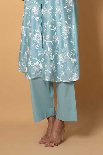 Shop Kameez Blue Chanderi, Cotton Collared Neck Embroidered Kurta And Pant Set Online at Aza Fashions Shop_Kameez_Blue Chanderi, Cotton Collared Neck Embroidered Kurta And Pant Set _Online_at_Aza_Fashions