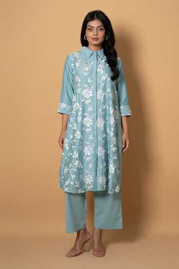 Buy Kameez Blue Chanderi, Cotton Collared Neck Embroidered Kurta And Pant Set Buy_Kameez_Blue Chanderi, Cotton Collared Neck Embroidered Kurta And Pant Set