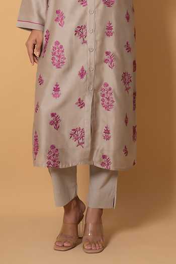 Kameez Beige Chanderi, Cotton Mandarin Collar, Gardenia Embroidered Kurta And Pant Set Online at Aza Fashions Kameez_Beige Chanderi, Cotton Mandarin Collar, Gardenia Embroidered Kurta And Pant Set _Online_at_Aza_Fashions
