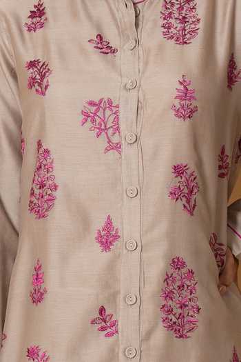Buy Kameez Beige Chanderi, Cotton Mandarin Collar, Gardenia Embroidered Kurta And Pant Set Online at Aza Fashions Buy_Kameez_Beige Chanderi, Cotton Mandarin Collar, Gardenia Embroidered Kurta And Pant Set _Online_at_Aza_Fashions