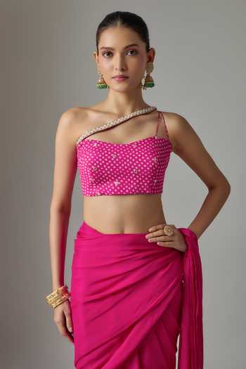 Krishna Padia Pink Chinon One Shoulder Pre-draped Saree With Embroidered Blouse Online at Aza Fashions Krishna Padia_Pink Chinon One Shoulder Pre-draped Saree With Embroidered Blouse _Online_at_Aza_Fashions