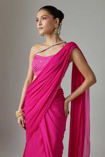 Buy Krishna Padia Pink Chinon One Shoulder Pre-draped Saree With Embroidered Blouse Online at Aza Fashions Buy_Krishna Padia_Pink Chinon One Shoulder Pre-draped Saree With Embroidered Blouse _Online_at_Aza_Fashions
