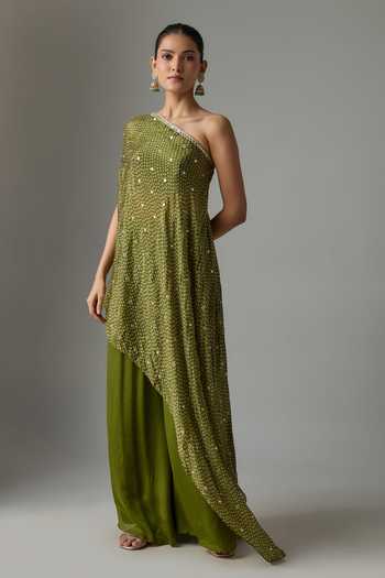 Krishna Padia One Shoulder Embroidered Top & Palazzo Set 