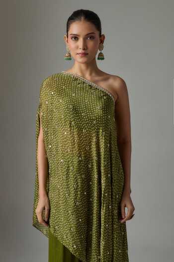 Buy Krishna Padia Green Crepe, Chinon One Shoulder Embroidered Top And Palazzo Set Online at Aza Fashions Buy_Krishna Padia_Green Crepe, Chinon One Shoulder Embroidered Top And Palazzo Set _Online_at_Aza_Fashions