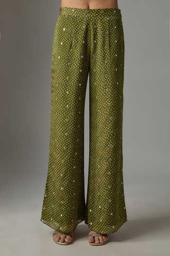 Krishna Padia Olive Green Chinon One Shoulder Bandhej Print Top Pant Set Online at Aza Fashions Krishna Padia_Olive Green Chinon One Shoulder Bandhej Print Top Pant Set _Online_at_Aza_Fashions