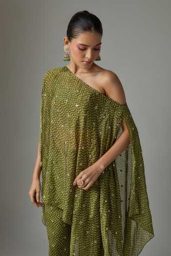 Buy Krishna Padia Olive Green Chinon One Shoulder Bandhej Print Top Pant Set Online at Aza Fashions Buy_Krishna Padia_Olive Green Chinon One Shoulder Bandhej Print Top Pant Set _Online_at_Aza_Fashions